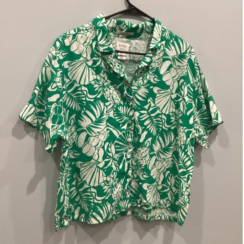 Nicole Miller Womens Linen Shirt L Large Green White Boxy Beachy Resort Tropical